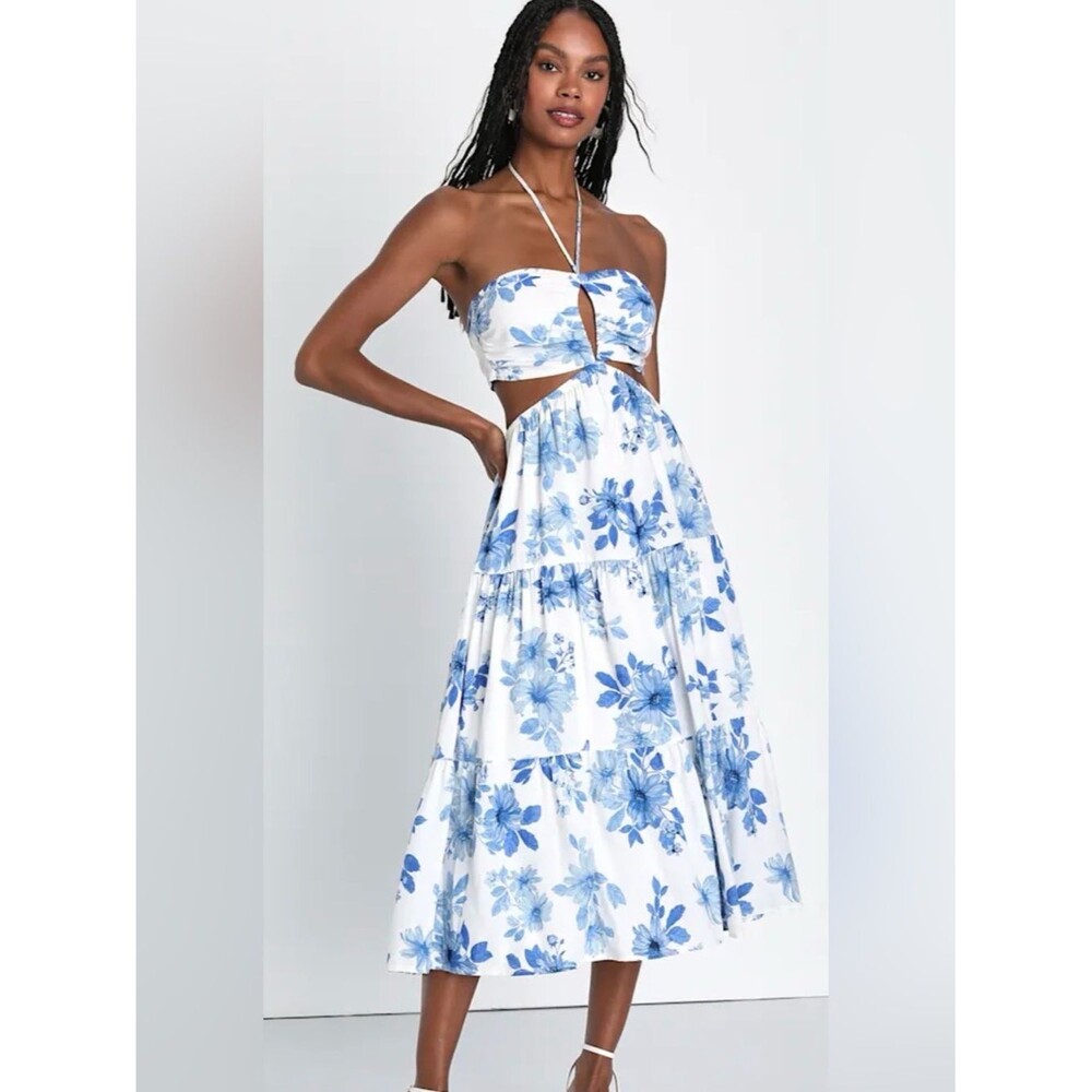 NEW LULUS Summery Successes Blue White Floral Halter Cutout Midi Dress Size M